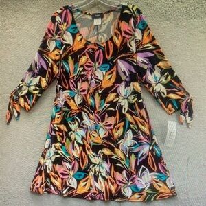 MSK Women's Sz L Floral Dress Black Pastel Multicolor Scoop Neck Tied Sleeves
